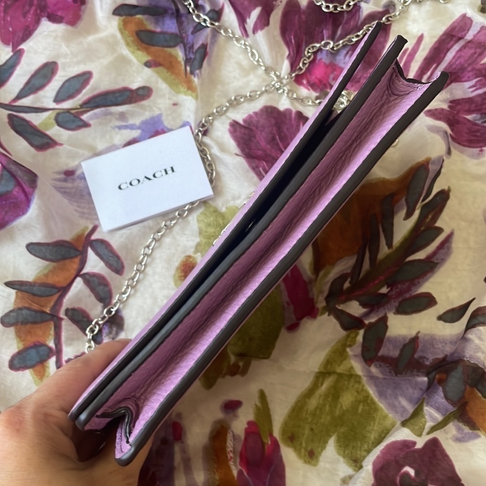 Brand New Coach Genuine Leather Foldover Clutch Crossbody Chain Purse Purple - Picture 8 of 16